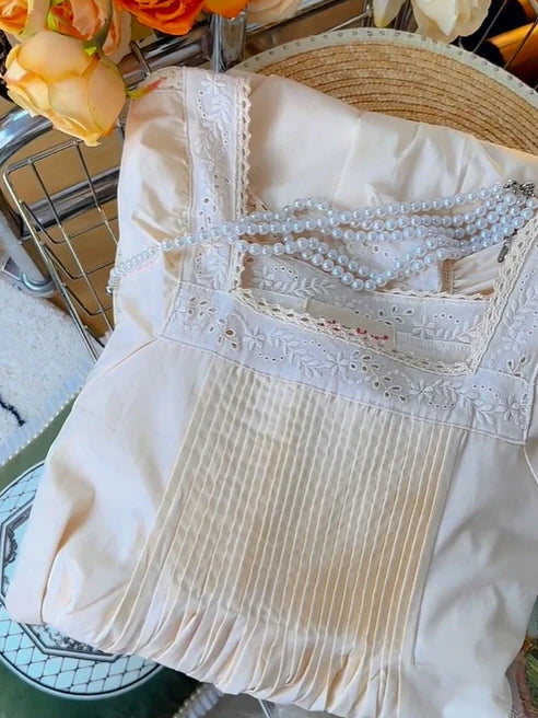 Square Neck Pintuck Cotton Nightgown