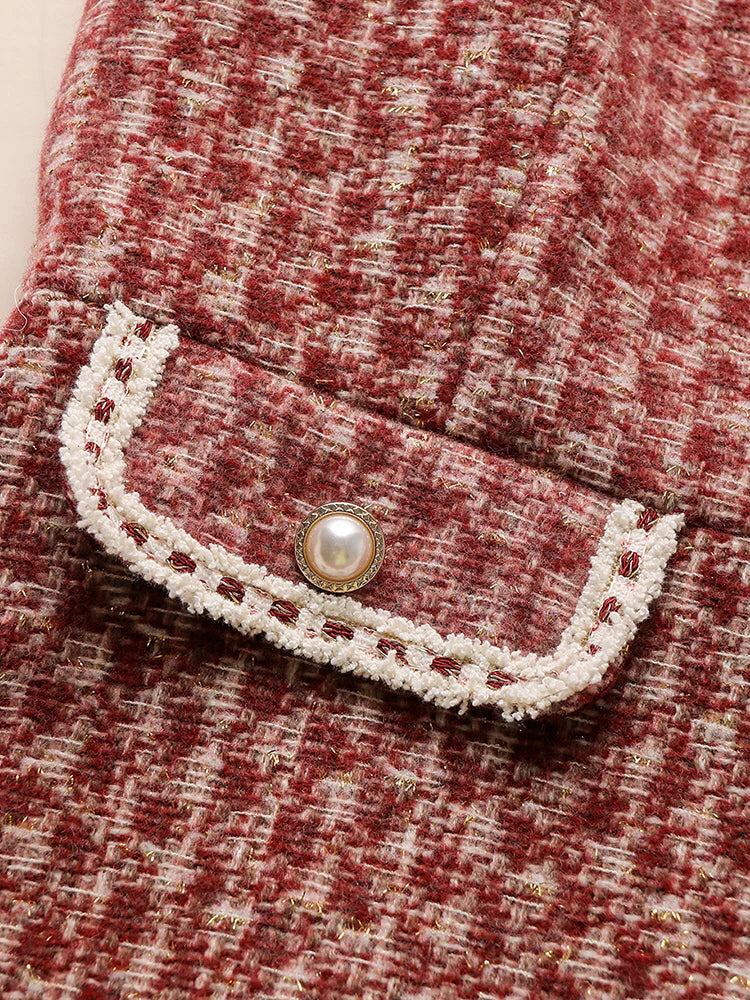 Elegant Red Tweed Pearl Button Dress