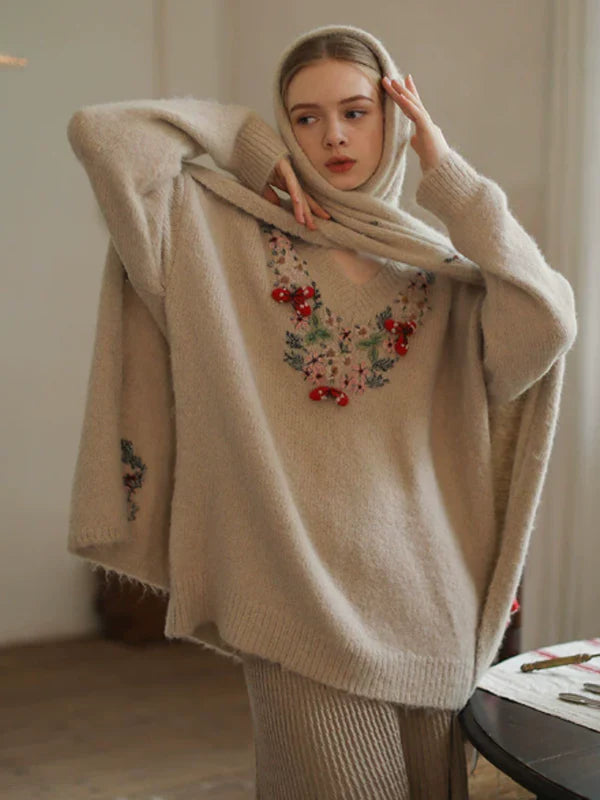 Elegant Floral Cashmere V-Neck Sweater