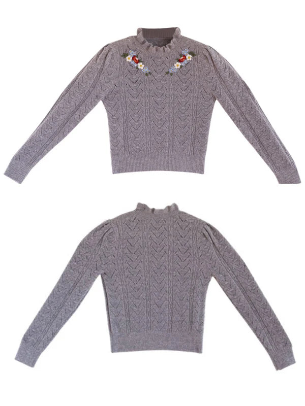 Soft Gray Floral Embroidered Sweater