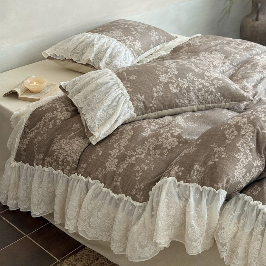 Brown Floral Lace Ruffle Bedding Set