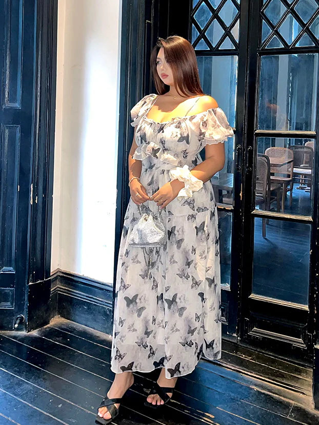 Butterfly Off-Shoulder Chiffon Dress