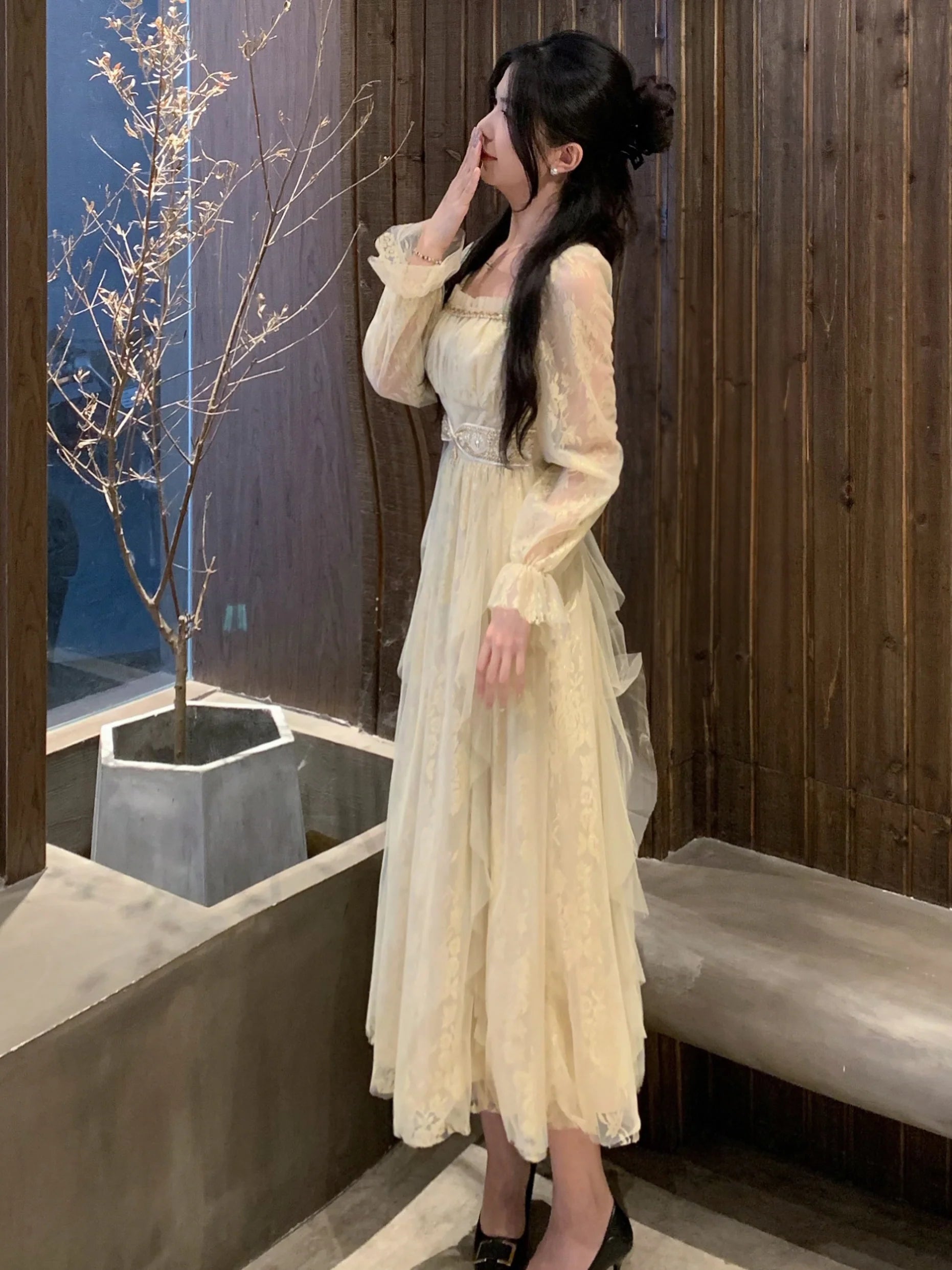 Golden Elegance Vintage Lace Dress