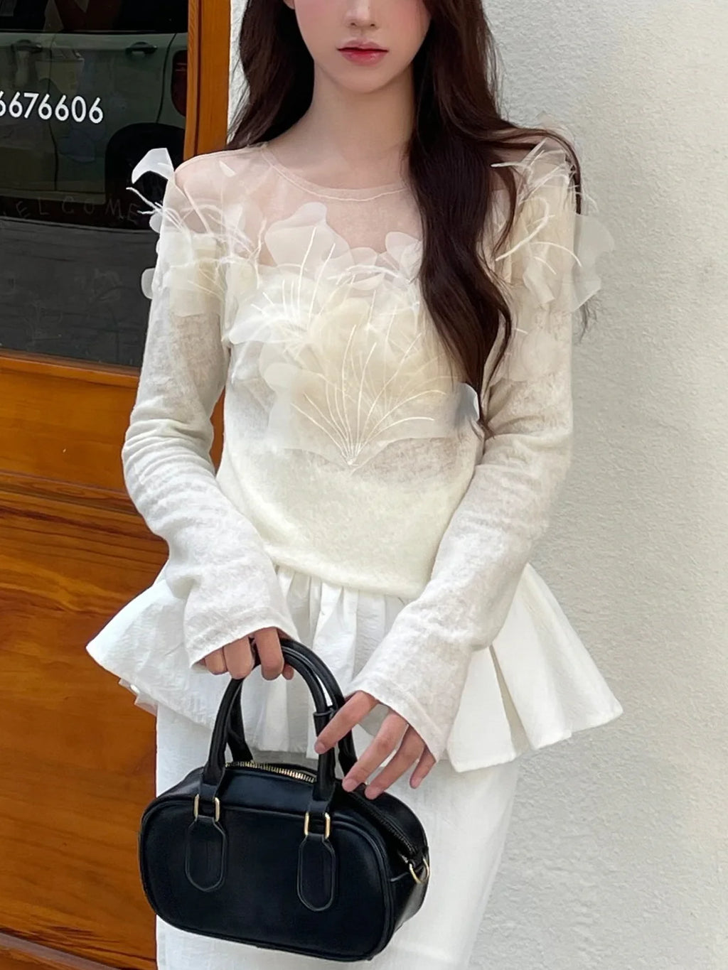 Elegant Floral Appliqué Knit Blouse