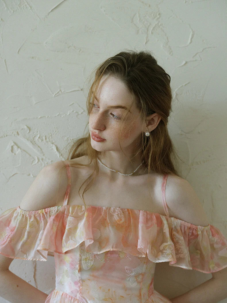 Peach Blossom Off-Shoulder Ruffle Dress