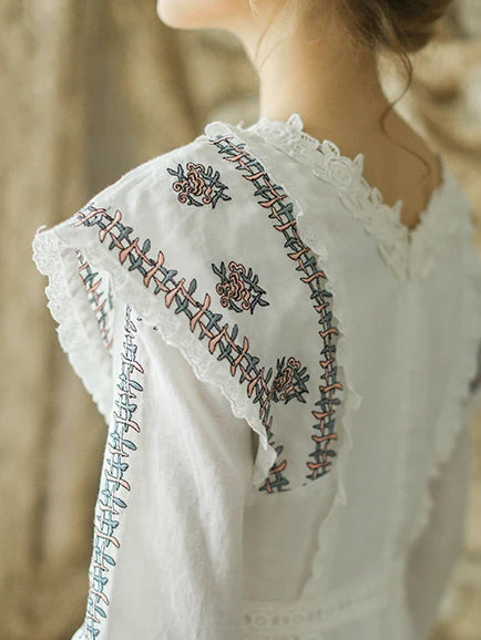 Victorian Floral Embroidered White Dress