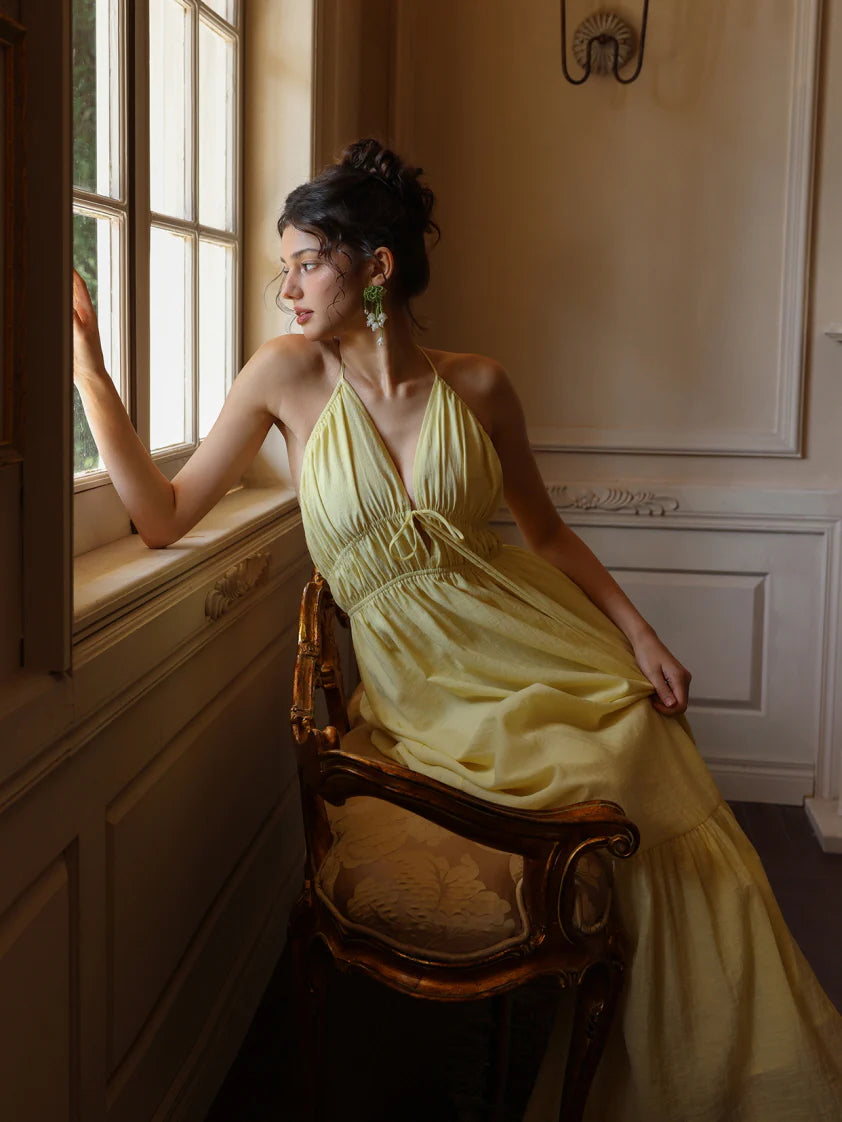 Lemon Bloom Backless Maxi Dress