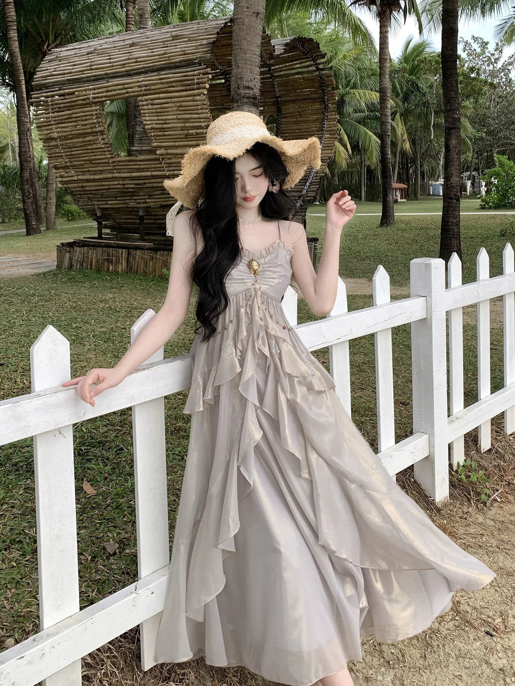 Vintage Brooch Elegance Ruffled Gown