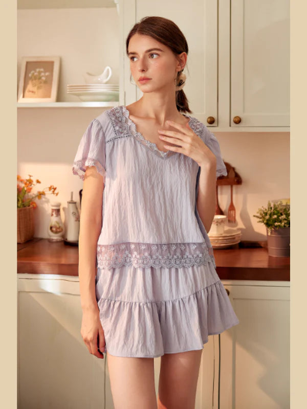 Lavender Lace Trim Two-Piece Loungewear Set