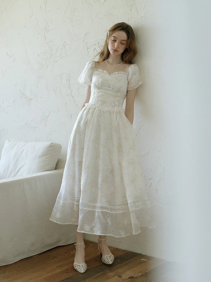 White Floral Corset Waist Dress