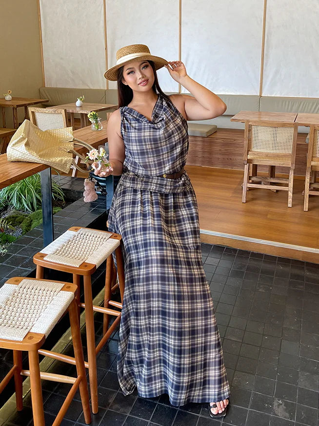 Vintage Check Sleeveless Top & Maxi Skirt Set
