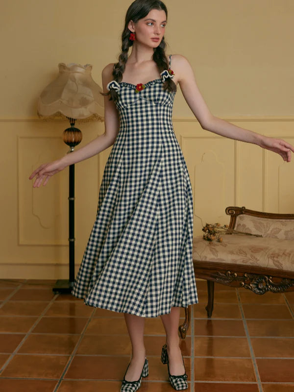 Navy Checkered Cotton Dress