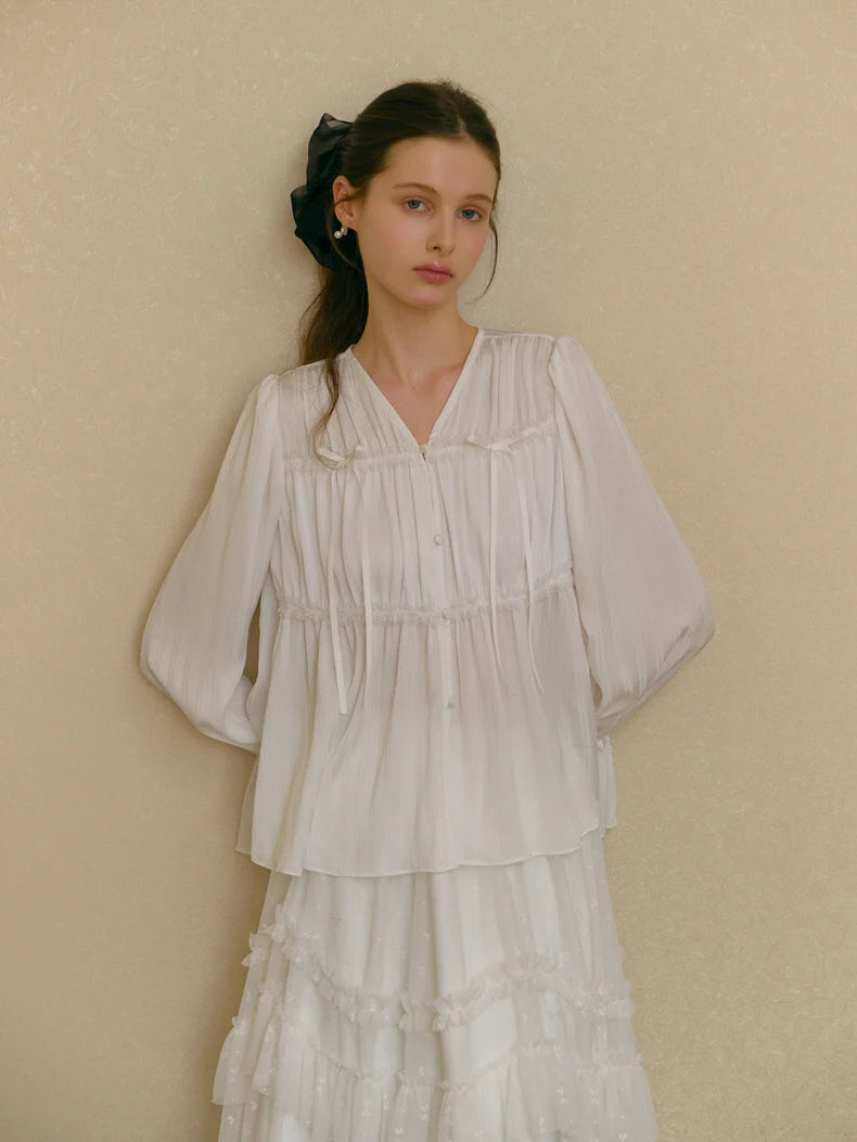 Ethereal White Pleated Chiffon Blouse