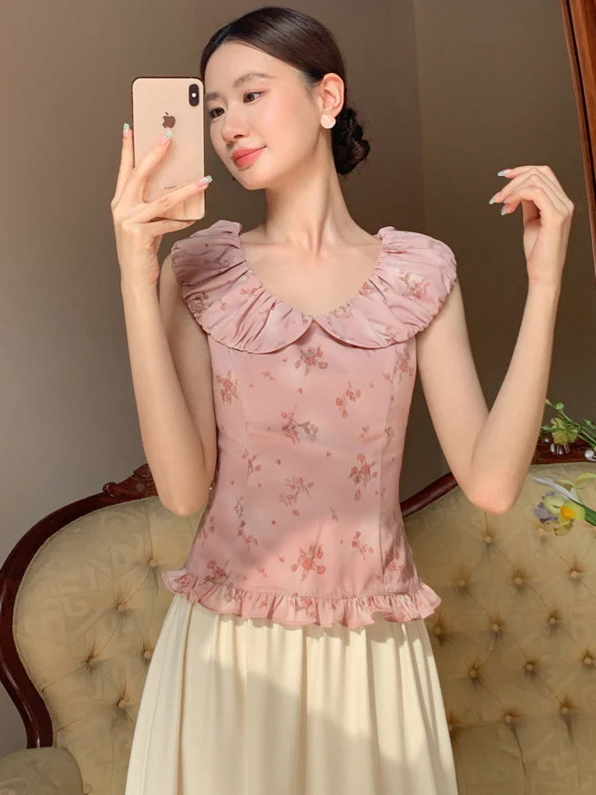 Rose Petal Ruffle Collar Floral Blouse