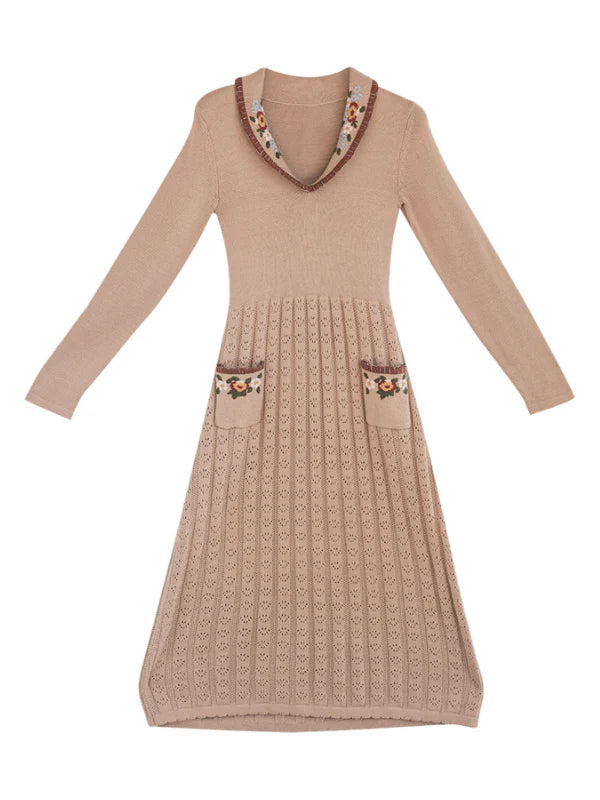 Warm Beige Elegance Floral Knit Dress