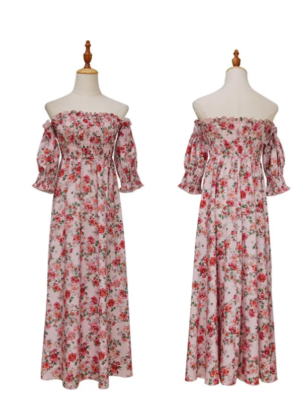 Vintage Pink Flower Off-Shoulder Dress