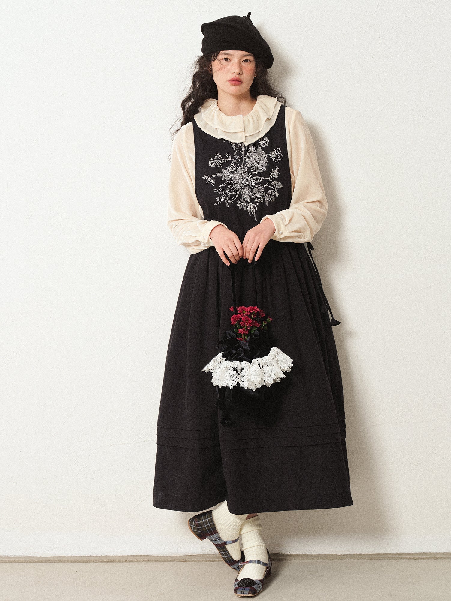 Floral Embroidered Linen-Cotton Pinafore Dress