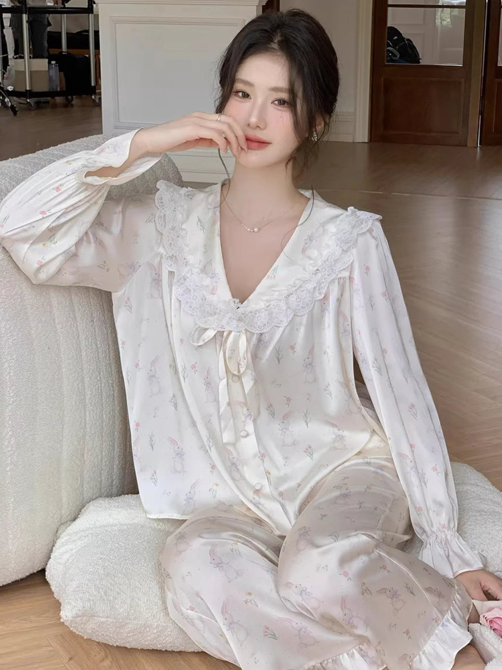 Enchanted Bunny Lace Trim Pajama Set