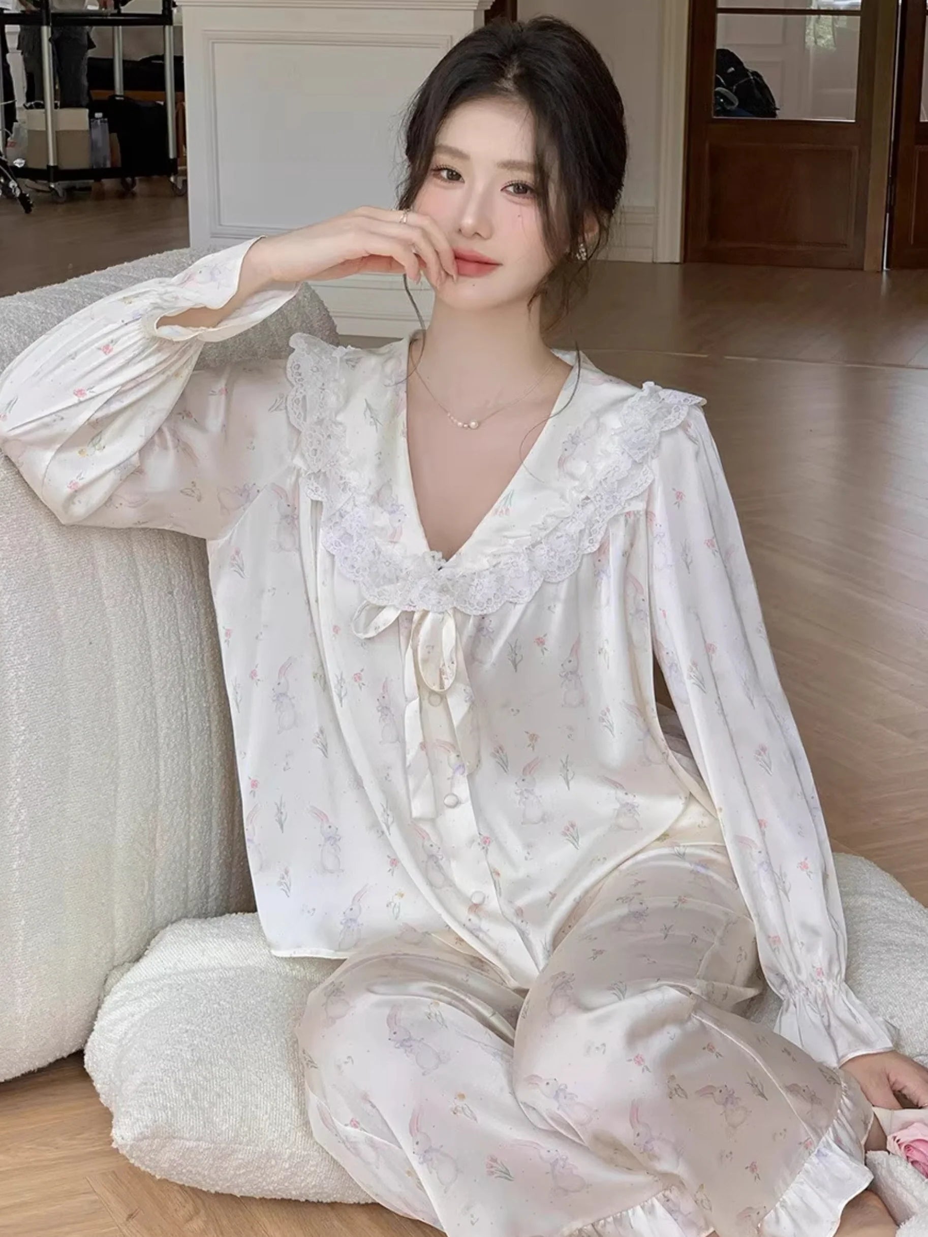 Enchanted Bunny Lace Trim Pajama Set