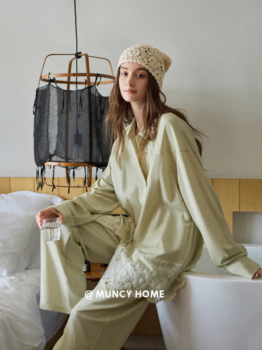 Sage Green Lace Trim Pajama Set