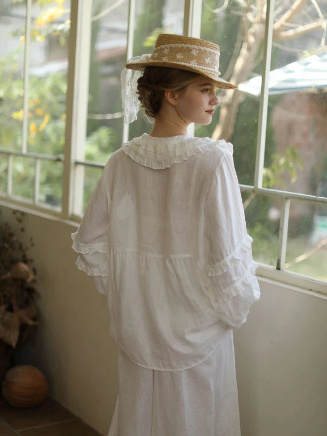 Flower Basket Embroidery Linen Blouse