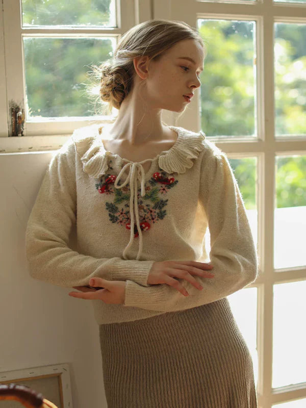 Frilled Collar Floral Embroidered Sweater