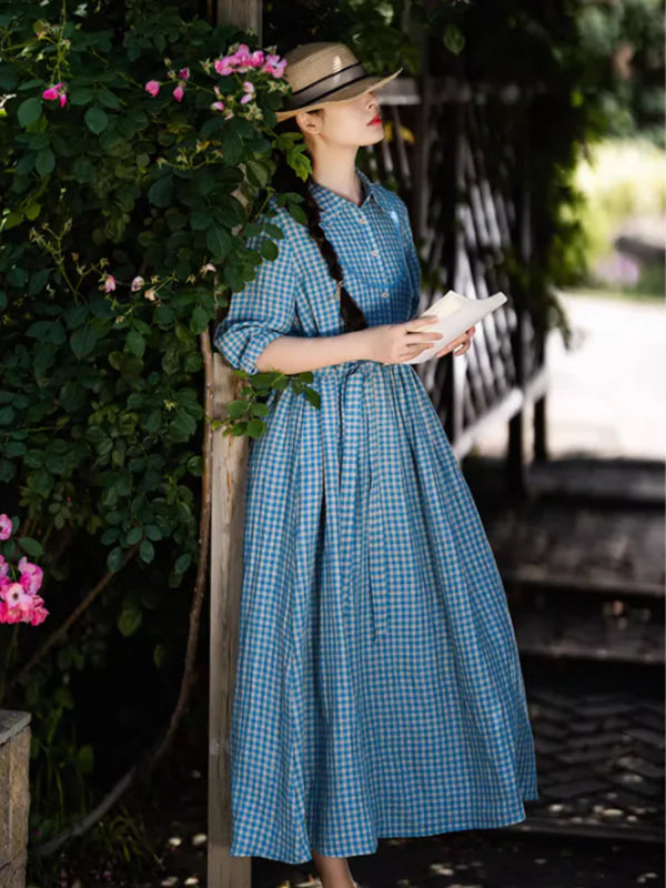 Spring Breeze Blue Checkered Dress