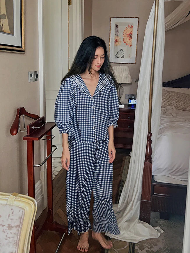 Navy Gingham Lace Collar Pajama Set
