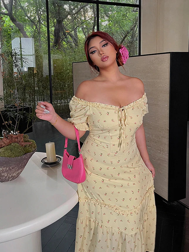 Lemon Blossom Ruffle Midi Dress