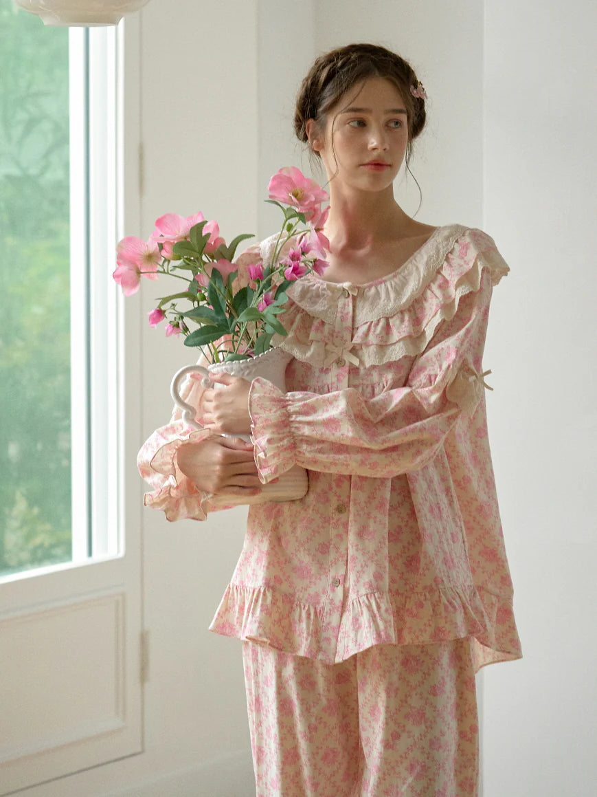 Pink Floral Lace Ruffle Loungewear Set