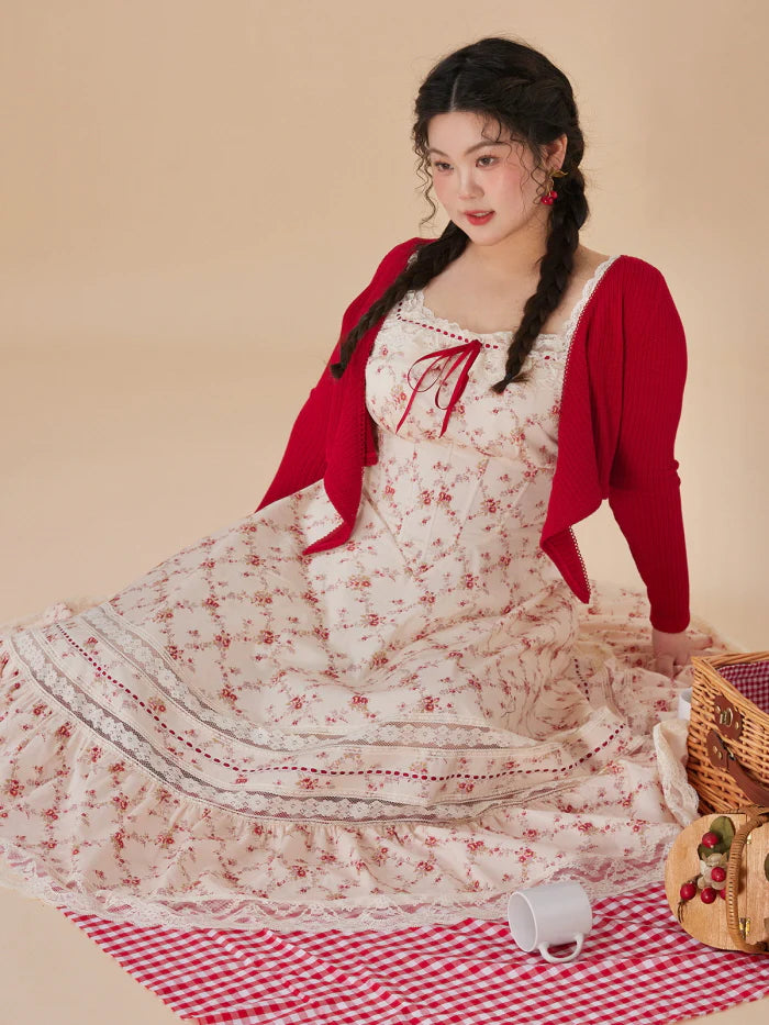Red Bloom Cotton Lace-Up Dress