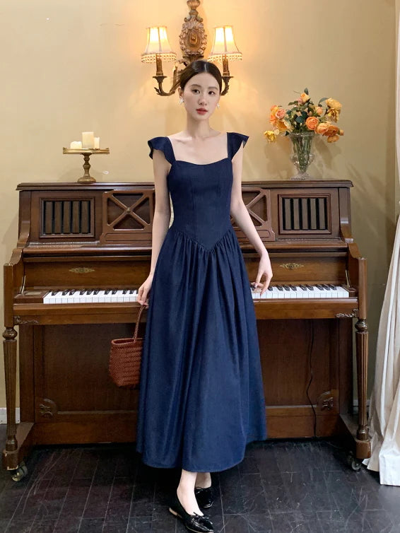 Navy Lace-Up Bodice Dress