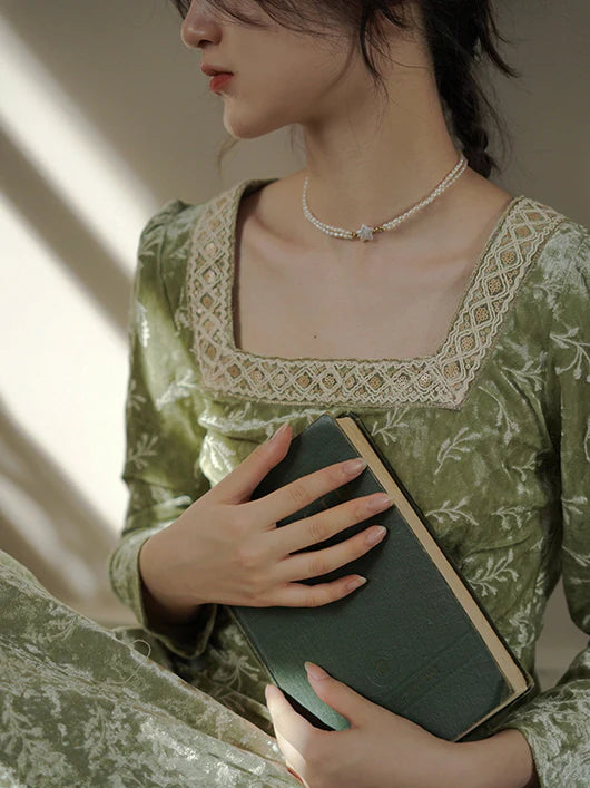 Vintage Green Velvet Embroidered Dress