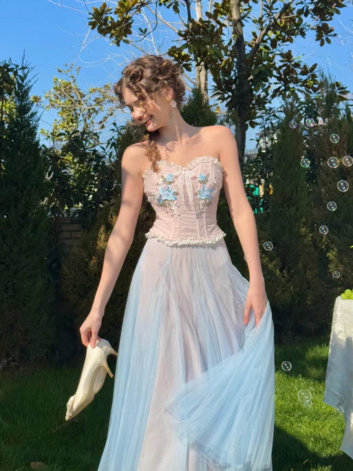 Pastel Bloom Embroidered Corset & Tulle Skirt