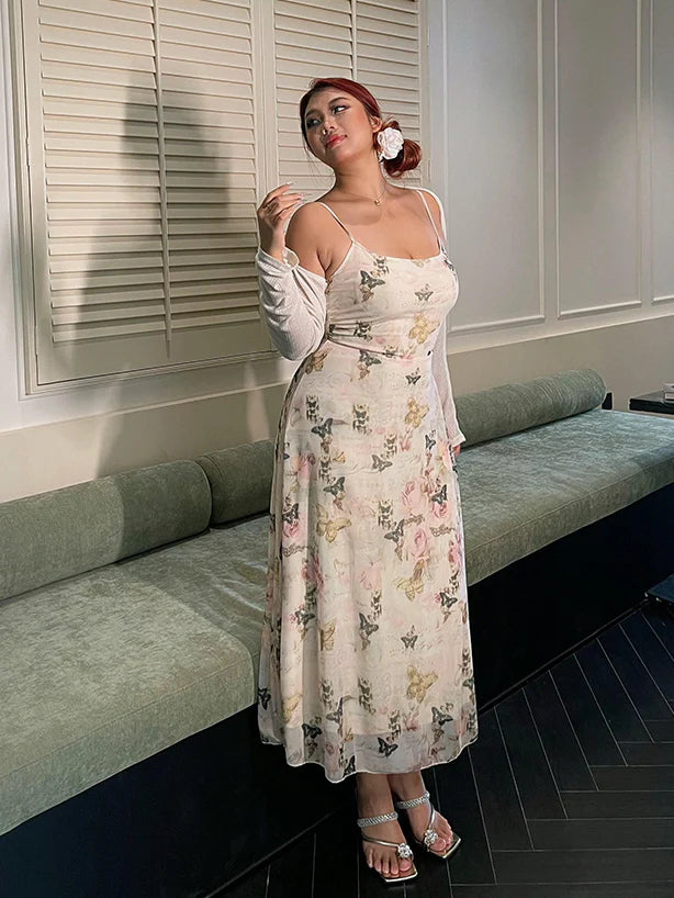 Butterfly Garden Sheer Slip Dress & Cardigan