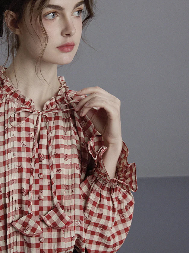 Vintage French Red Gingham Blouse