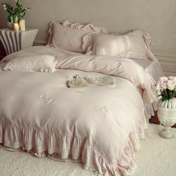 Pink Rose Embroidered Ruffle Bedding Set