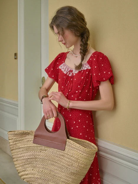 Lace Trim Retro Red Dress with Puff Sleeves