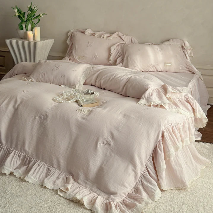 Pink Rose Embroidered Ruffle Bedding Set