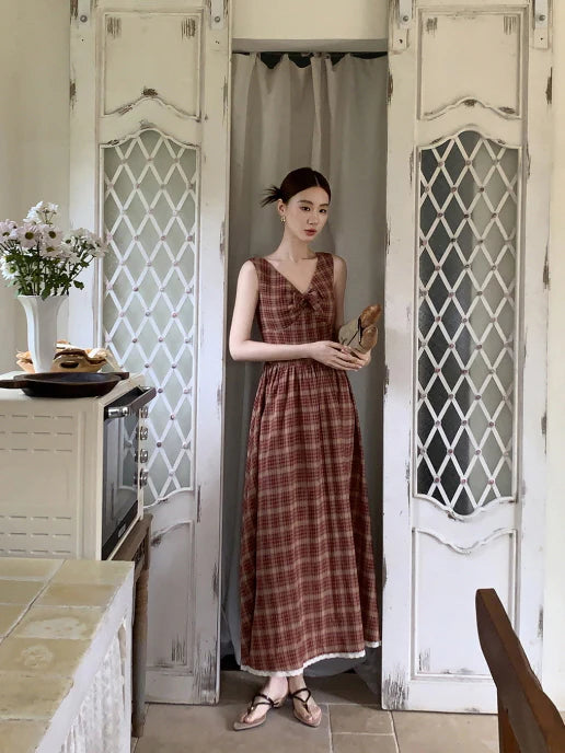 Summer Red Plaid Ribbon Dress