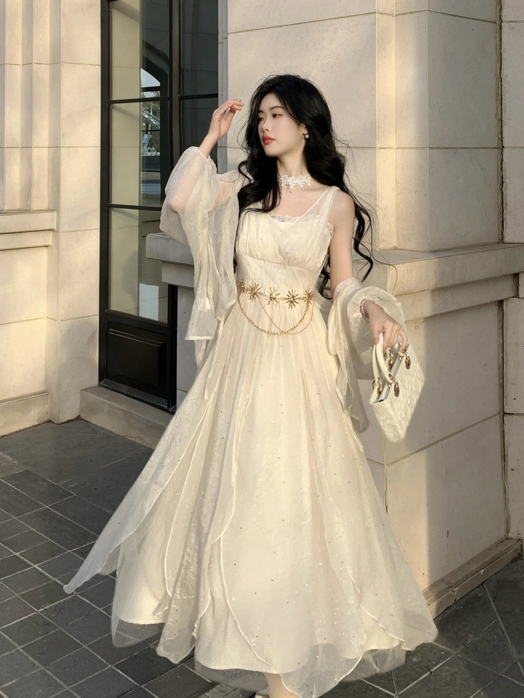 Ethereal Goddess Shimmering Silver Mesh Gown