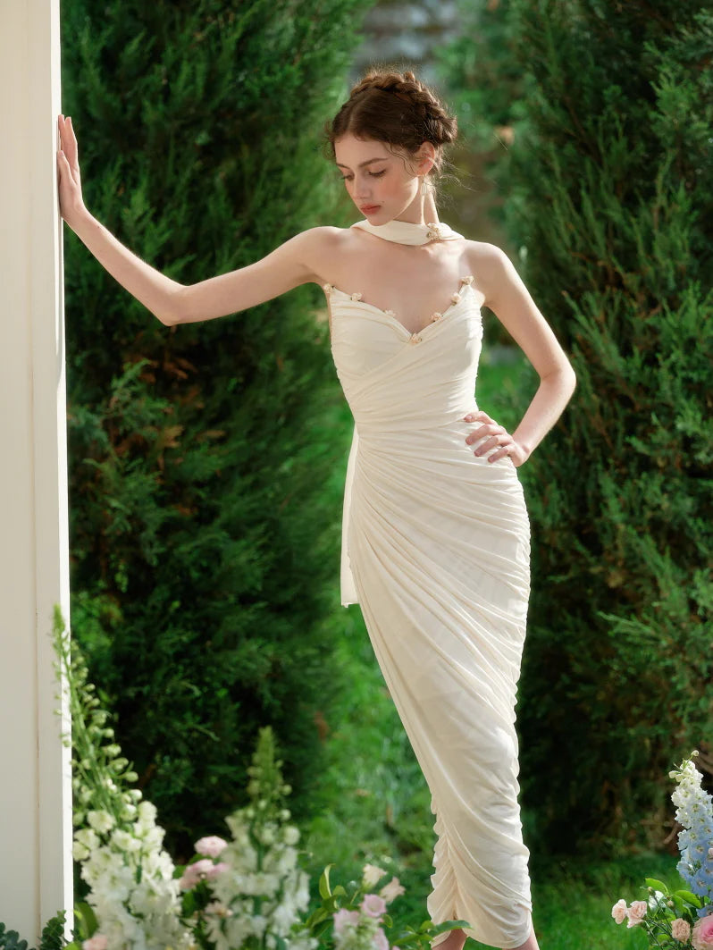 Enchanted Pearl Blossom Ruched Gown