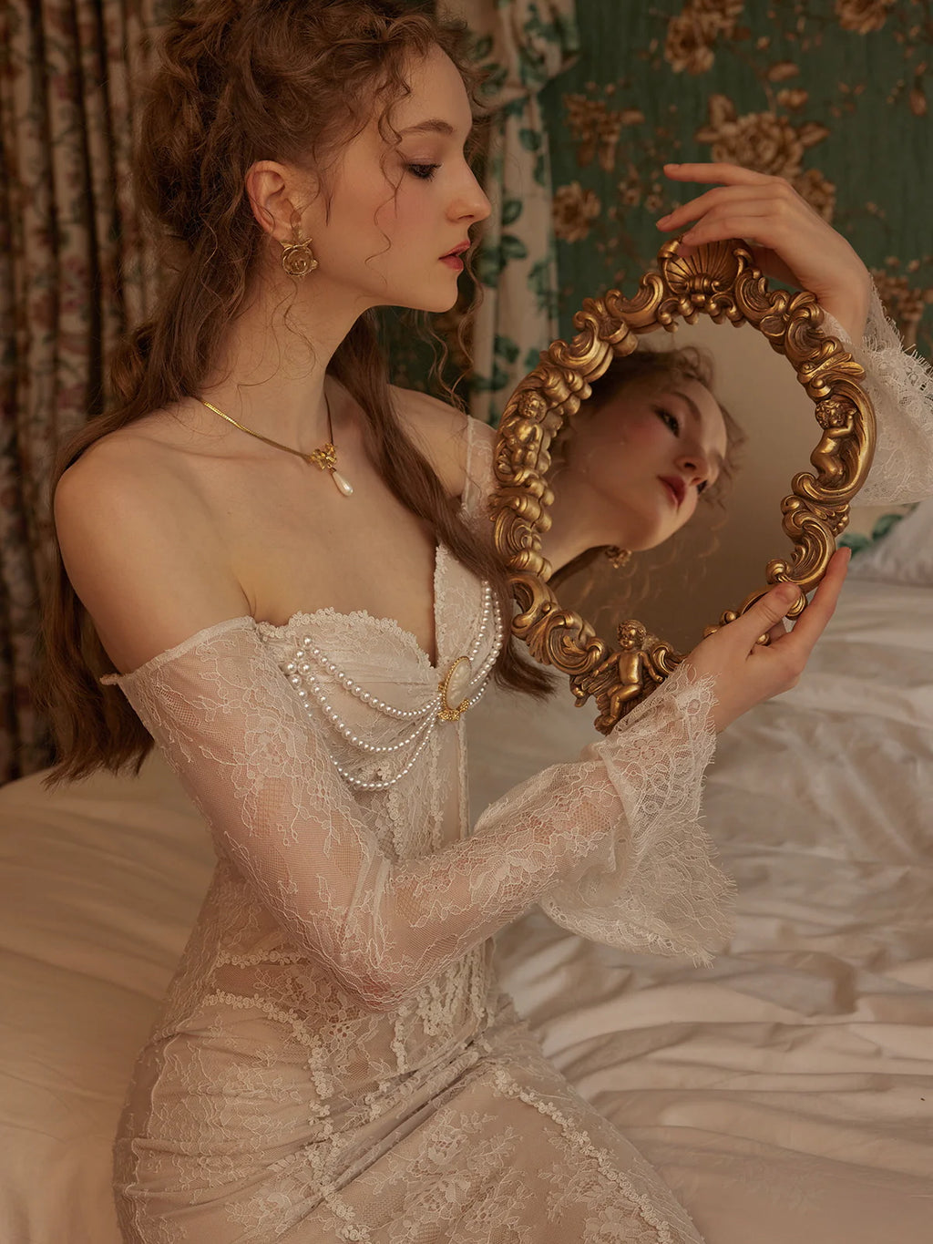 Victorian Elegance Off-Shoulder Lace Gown