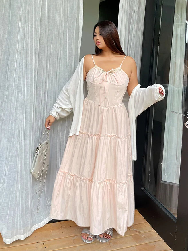 Blush Ribbon-Tie Tiered Dress