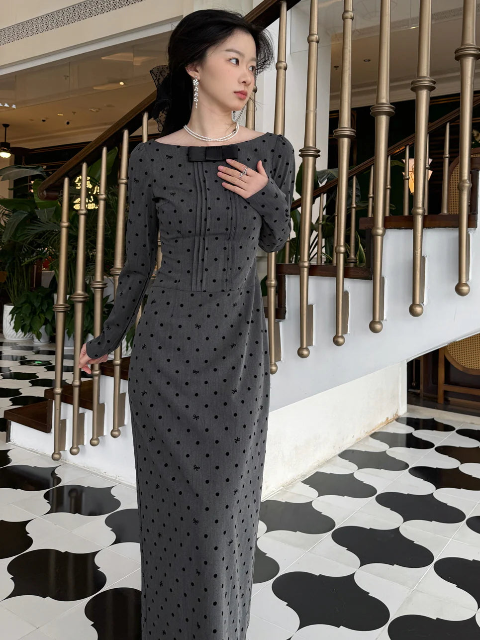 Vintage Polka-Dot Elegance Long Dress