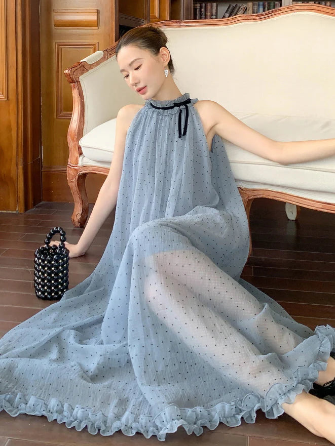 Blue Polka Dot Halter Maxi Dress