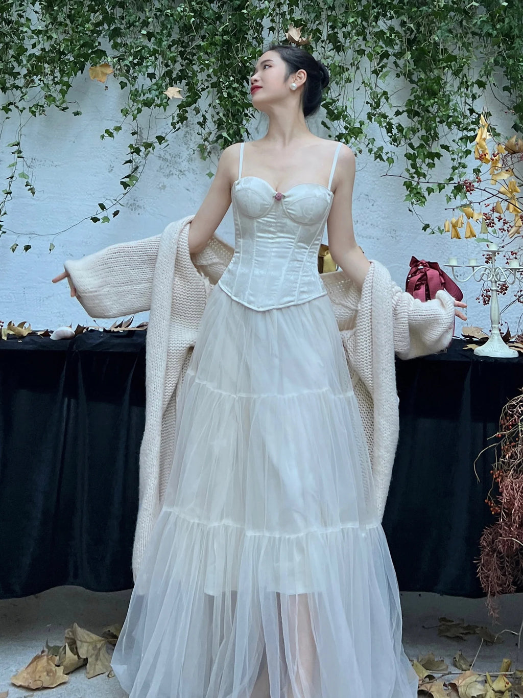 Rosette-Embellished Retro Knit Cardigan