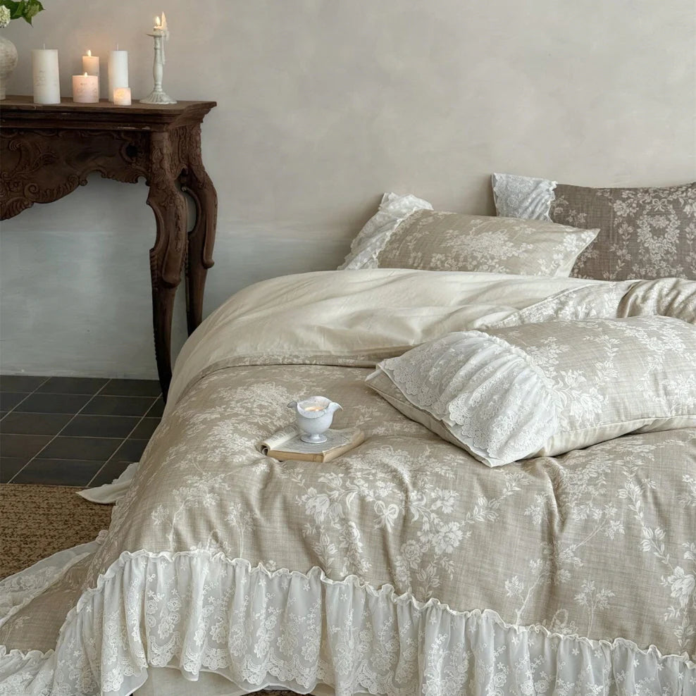 Beige Floral Lace Ruffle Bedding Set