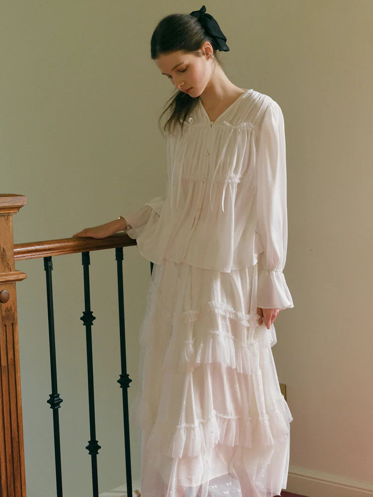 Ethereal White Pleated Chiffon Blouse