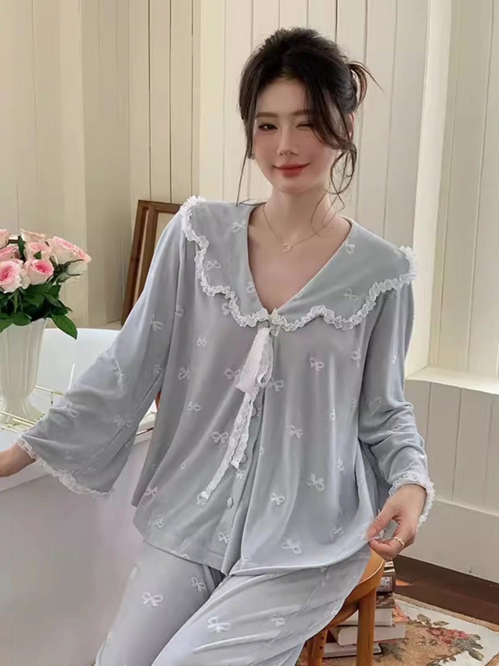 Whimsical Bow Lace Trim Loungewear Set